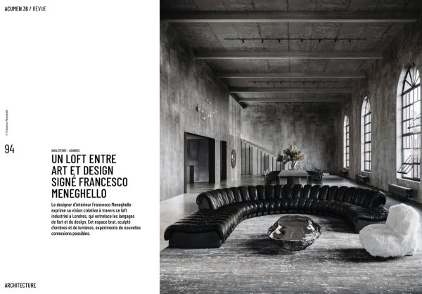 spread from Acumen (July 2023): Industrial Loft in London with a concrete hall, arched windows and a curved black sofa
