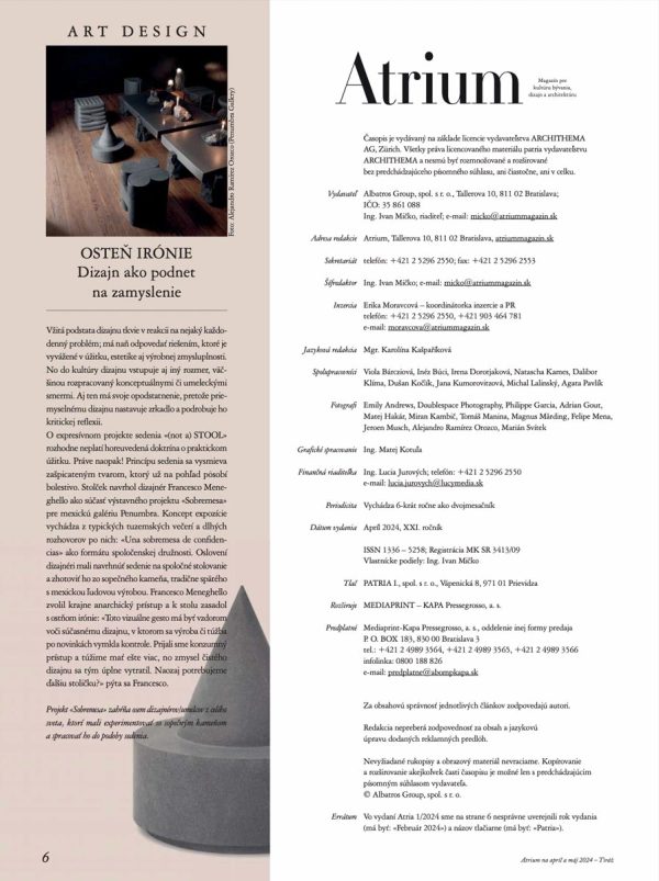 doppia pagina Atrivm (aprile 2024): articolo su (not a) STOOL con fotografia dell’oggetto e pagina crediti