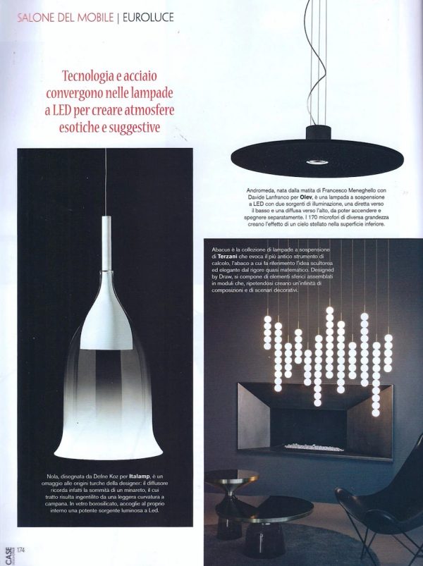 pagina "Salone del Mobile | Euroluce" su Casa & Stili con Andromeda di Francesco Meneghello e Davide Lanfranco per OLEV, accanto a Nola di Italamp e Abacus di Terzani