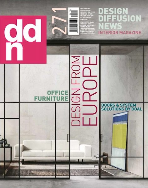cover of Design Diffusion News Interior Magazine, December 2021, “Design from Europe” theme with a bright interior and large window