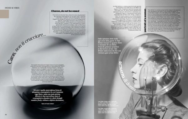 pagina “Mood & Vibes” su Design Diffusion News con “Charon, do not be vexed” di WE DON'T DESIGN, sfera in vetro e ritratto di Lee Miller