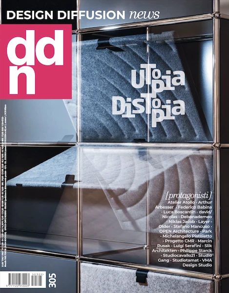 cover of Design Diffusion News, November 2025, “Utopia Distopia” title with a metal structure and backlit fabric