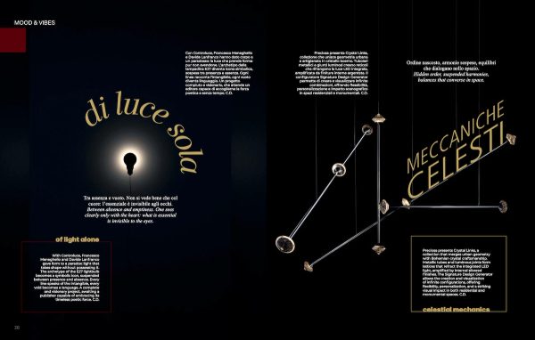 DDn “Mood & Vibes” spread featuring Controluce by Francesco Meneghello, suspended light on a dark background and the “Meccaniche Celesti” composition