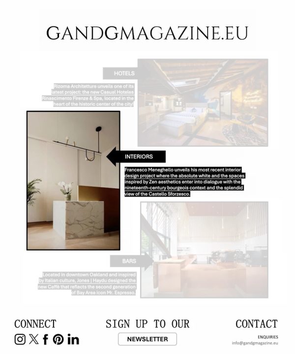 screenshot da G&G Magazine: Uffici in Piazza Castello con cucina minimale, isola in marmo e lampada lineare sospesa