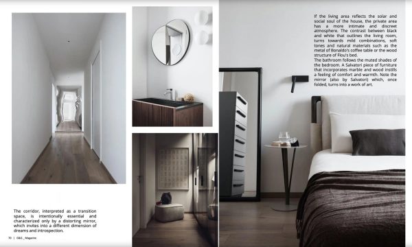 pagina G&G Magazine: corridoio con specchio ondulato, bagno con lavabo e camera da letto dell’Attico Contemporaneo a Bologna