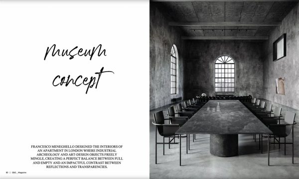 doppia pagina di G&G Magazine settembre 2022, tavolo da pranzo e finestre ad arco nel Loft Industriale a Londra di Francesco Meneghello