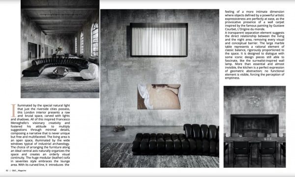 pagina di G&G Magazine settembre 2022, living del Loft Industriale a Londra con divano nero e atmosfera materica in cemento