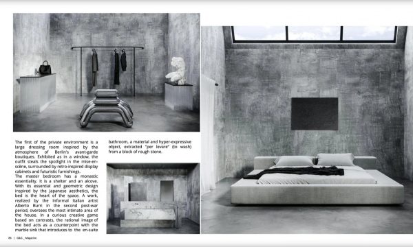 pagina di G&G Magazine settembre 2022, camera e guardaroba del Loft Industriale a Londra con panca cromata e dettagli bagno