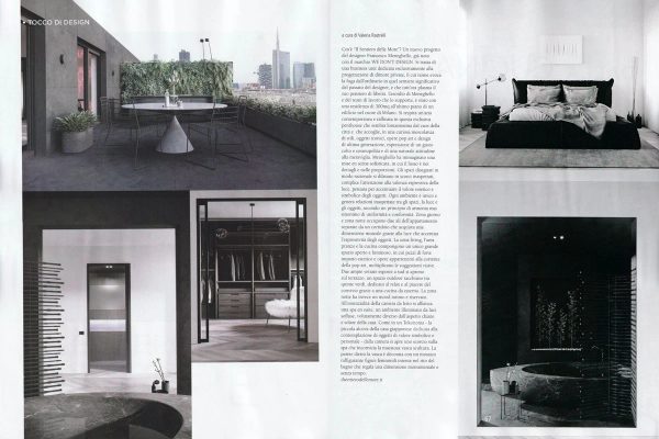 pages from the ‘Il sentiero delle more’ feature showing the terrace, wardrobe, bedroom with black bed and a bathroom with stone bathtub