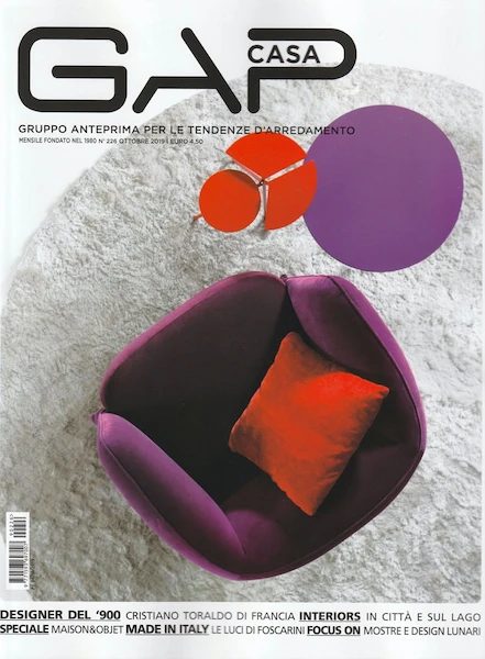 cover of GAP CASA, October 2019, purple armchair on a light rug with coloured circle graphics