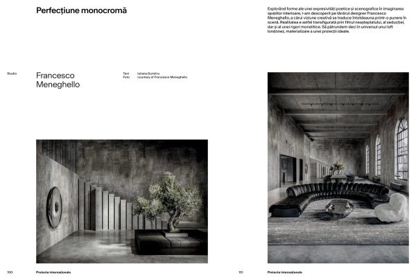 doppia pagina Igloo (dicembre 2022): Loft Industriale di Francesco Meneghello con scala scultorea, ulivo interno e divano curvo