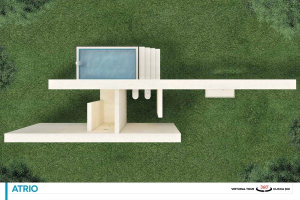 top-view rendering of the Atrio project: white volumes and a rectangular pool on grass, published in Il Bagno Architettura