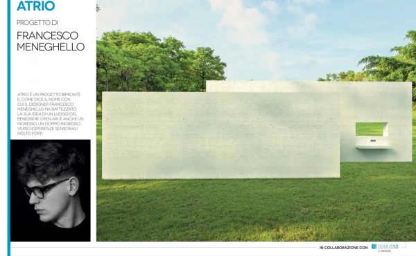 page from Il Bagno Architettura: Atrio project by Francesco Meneghello with portrait and an exterior view with an inset washbasin