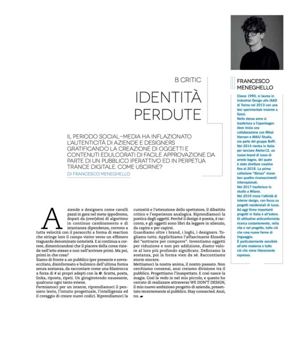 pagina “B Critic” su Il Bagno Oggi e Domani (agosto 2024): “Identità perdute” di Francesco Meneghello con ritratto e biografia