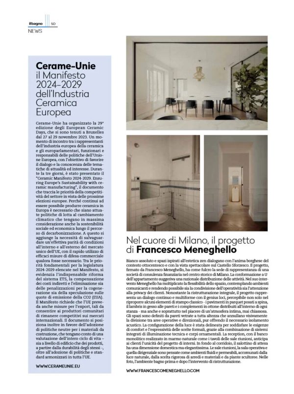 pagina news su Il Bagno Oggi e Domani (gennaio 2024): Uffici in Piazza Castello a Milano con sala riunioni e bagno in piastrelle