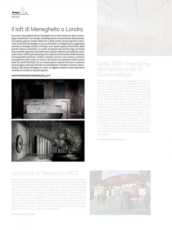 pagina di Il Bagno Oggi e Domani ottobre 2022, bagno padronale e scala in cemento del Loft Industriale a Londra di Francesco Meneghello