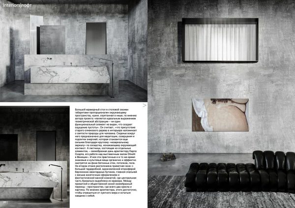 pagina di Interiors the Best ottobre 2022, cucina monolitica in pietra e area living del Loft Industriale a Londra
