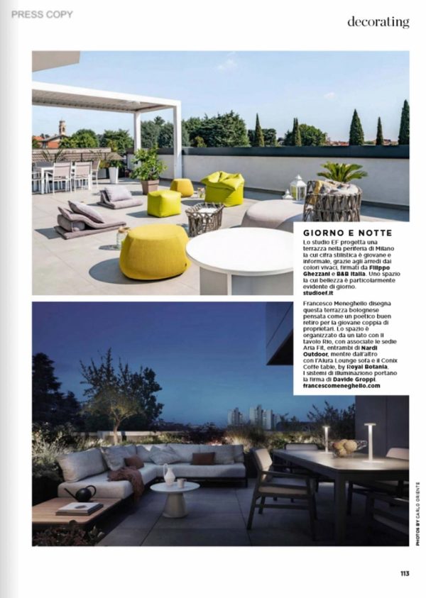 pagina di Livingetc luglio 2022, terrazza residenziale progettata da Francesco Meneghello con scene giorno e notte