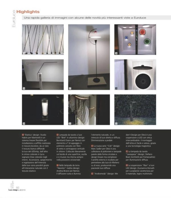 pagina “Highlights” su Luce e design con selezione Euroluce, includendo Andromeda di WE DON'T DESIGN per OLEV