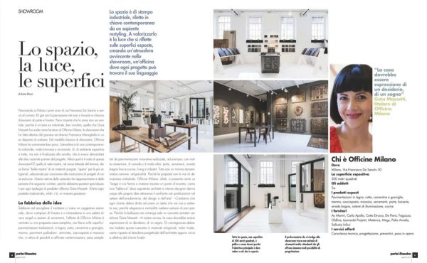 servizio "Lo spazio, la luce, le superfici" su Porte e Finestre aprile 2019 con Officine Milano, showroom in ex deposito di carbone allestito da Francesco Meneghello, foto degli interni e ritratto di Gaia Massetti