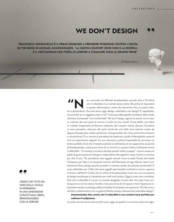 prima pagina dell'articolo su The Book Contract Network dedicato alla filosofia WE DON’T DESIGN di Francesco Meneghello per la Milano Design Week 2025