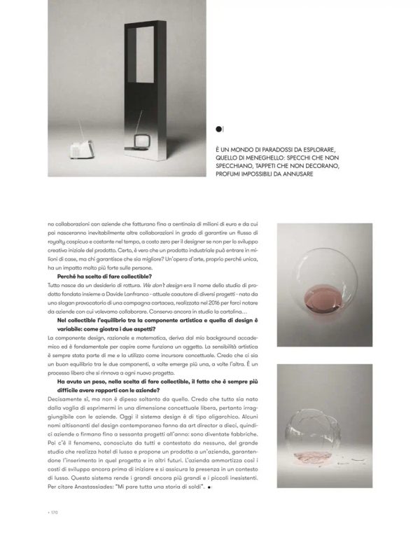 dettaglio dell’articolo con i progetti di collectible design Mirrorless e Aldilà di Francesco Meneghello pubblicati su The Book
