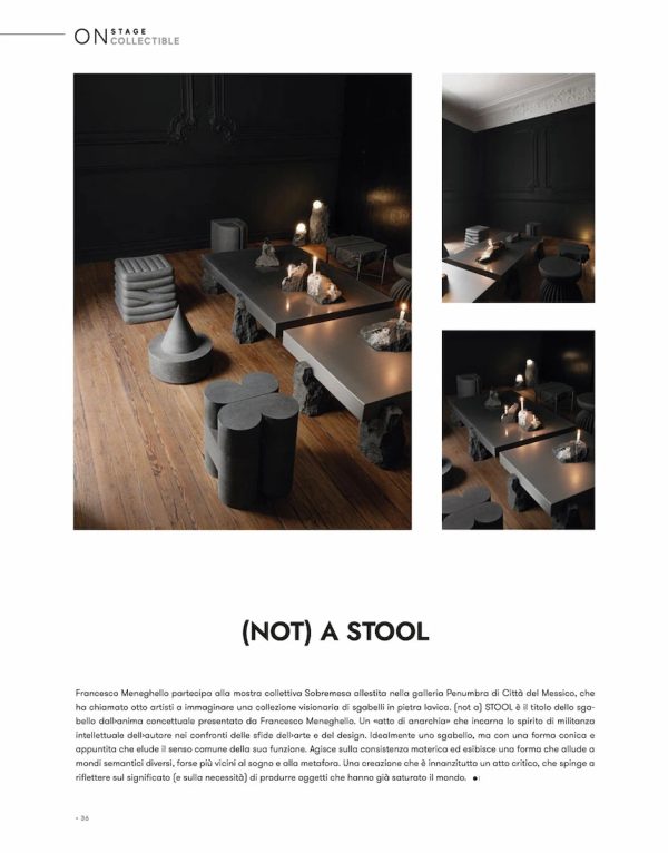 pagina “On Stage Collectible” su The Book – Contract Network (giugno 2024): (not a) STOOL con fotografie dell’allestimento in ambiente scuro