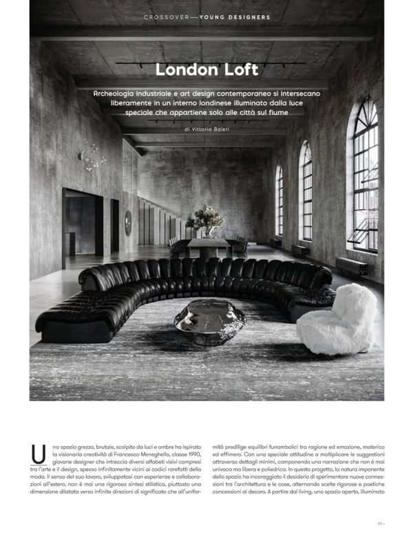 pagina di The Book Contract Network settembre 2022, vista del Loft Industriale a Londra con tavolo lungo e finestre ad arco