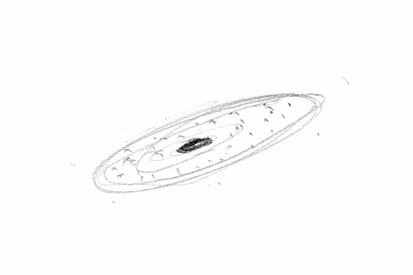 schizzo concettuale a matita di una galassia stilizzata, con un nucleo scuro e orbite ellittiche tratteggiate