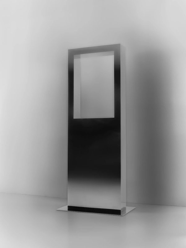 floor-standing polished steel mirror with transparent rectangular opening and metal base