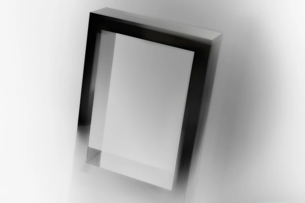 suspended polished steel rectangular frame with transparent center, angled view