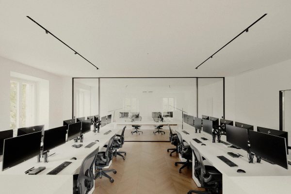 ufficio open space minimalista con postazioni di lavoro moderne, divisori in vetro e sedie ergonomiche nere