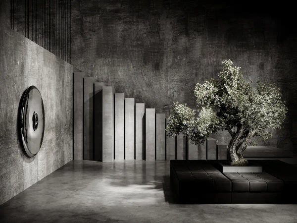 bright scene of an industrial loft corner with concrete finishes, sculptural plant, and modern furnishings