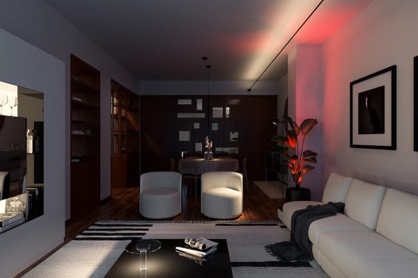 atmosfera notturna con giochi di luce, arredamento moderno in un salotto contemporaneo