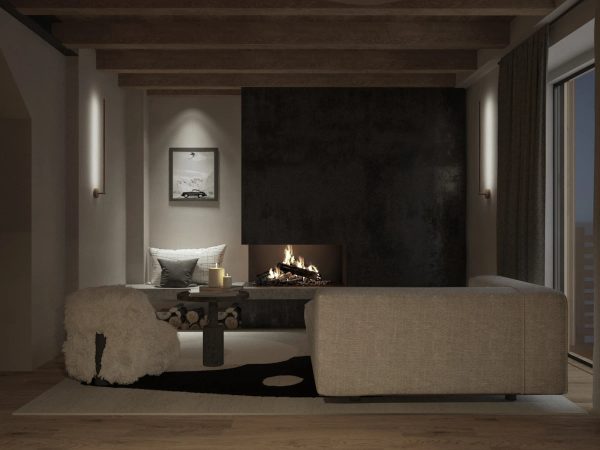 lounge serale con camino moderno acceso e illuminazione moderna