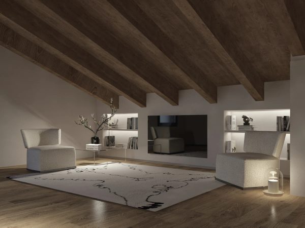 parete tv attrezzata con mensole illuminate ed accessori moderni di design