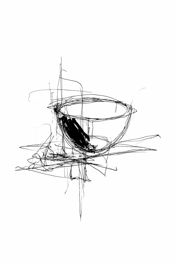 illustrazione astratta e geometrica realizzata a matita in bianco e nero del servizio di design del bagno