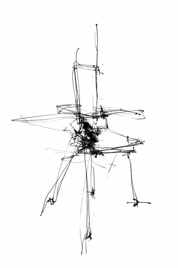 illustrazione astratta e geometrica realizzata a matita in bianco e nero del servizio di design di arredi
