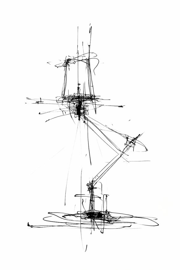 illustrazione astratta e geometrica realizzata a matita in bianco e nero del servizio di design di lampade