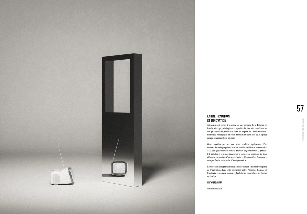 Acumen 51/Revue: Mirrorless still life with a monitor and installation details, alongside the text page of the feature