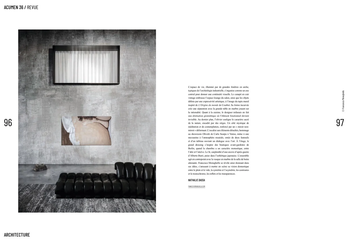 Acumen spread: living-room detail of the Industrial Loft with a black sofa, artwork and article text