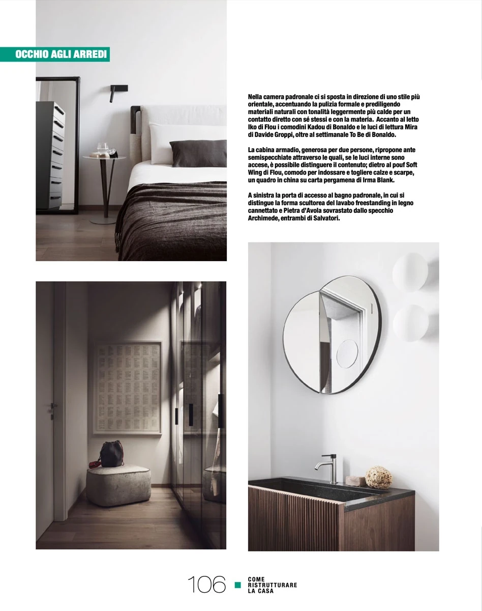 page from Come Ristrutturare la Casa April 2022, bedroom, dressing area and bathroom of the Bologna penthouse with round mirror and sculptural basin