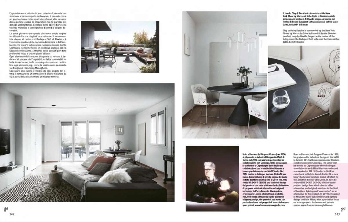 double-page spread with a light-toned living room, round black table and terrace in Francesco Meneghello’s contemporary penthouse project