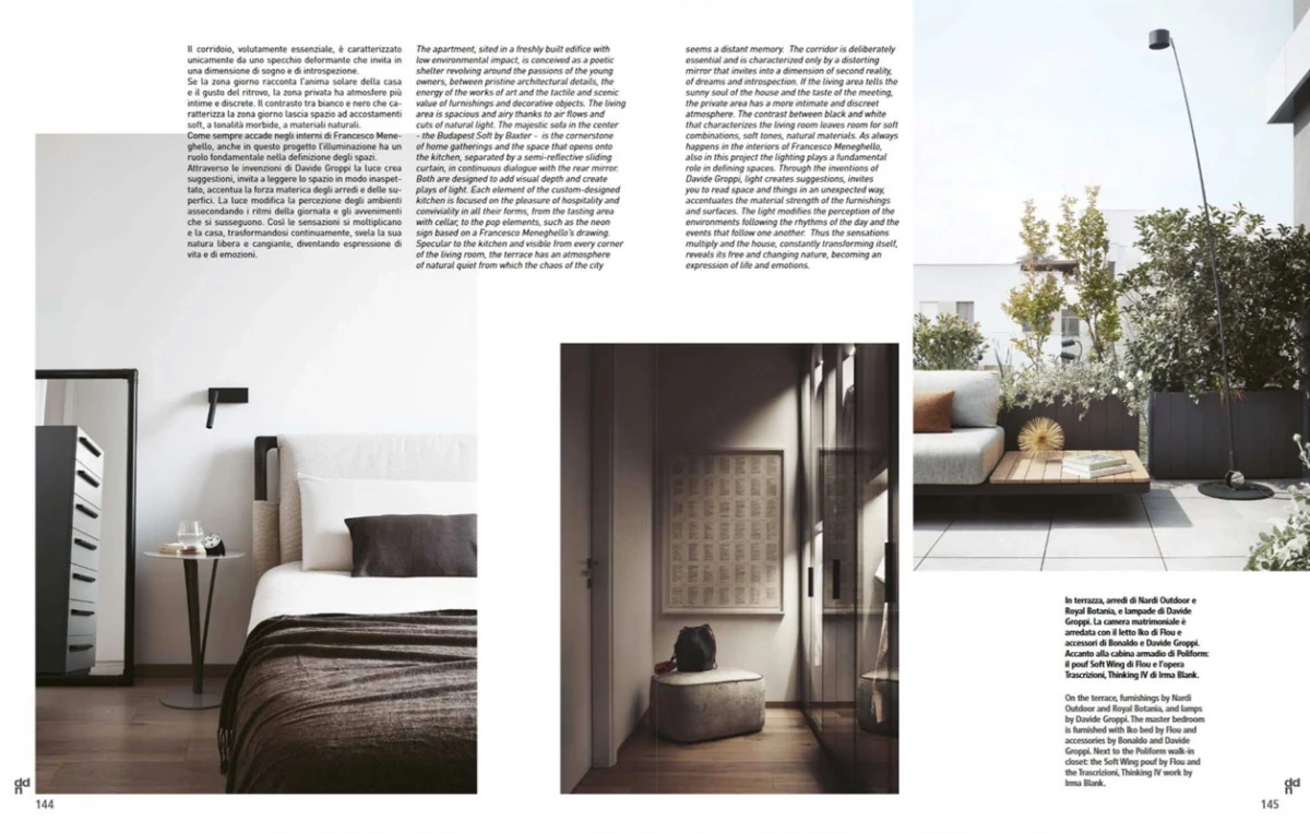 double-page spread with an essential bedroom, corridor view and outdoor seating on the terrace in a contemporary penthouse project