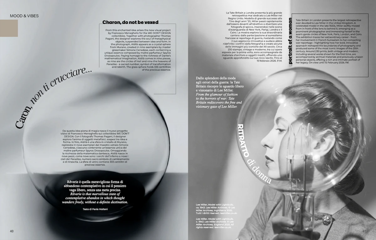doppia pagina Design Diffusion News. A sinistra, sfera in cristallo Aldilà fotografata da Thomas Pagani in bianco e nero. A destra, ritratto di Lee Miller con lampadina, Tate Britain