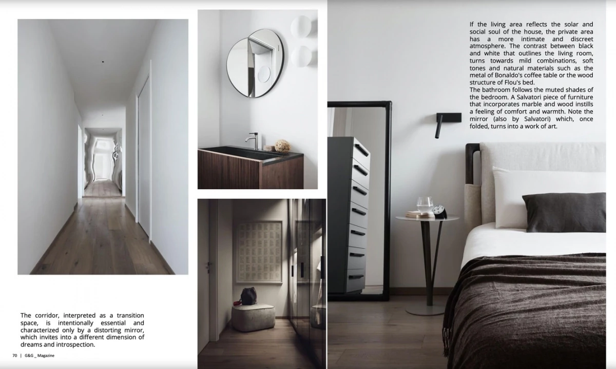 page from G&G Magazine: corridor with a wavy mirror, bathroom vanity and bedroom of the Contemporary Penthouse in Bologna