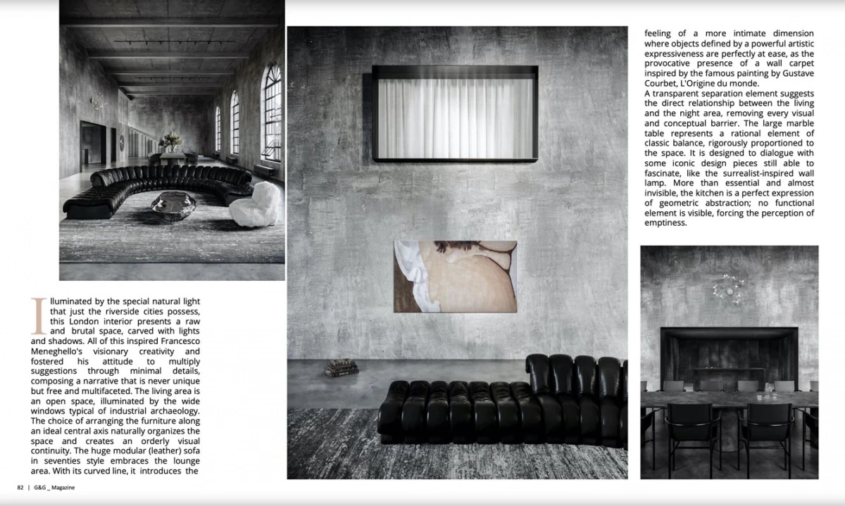 page in G&G Magazine September 2022, living room of the industrial loft in London with black sofa and raw concrete textures