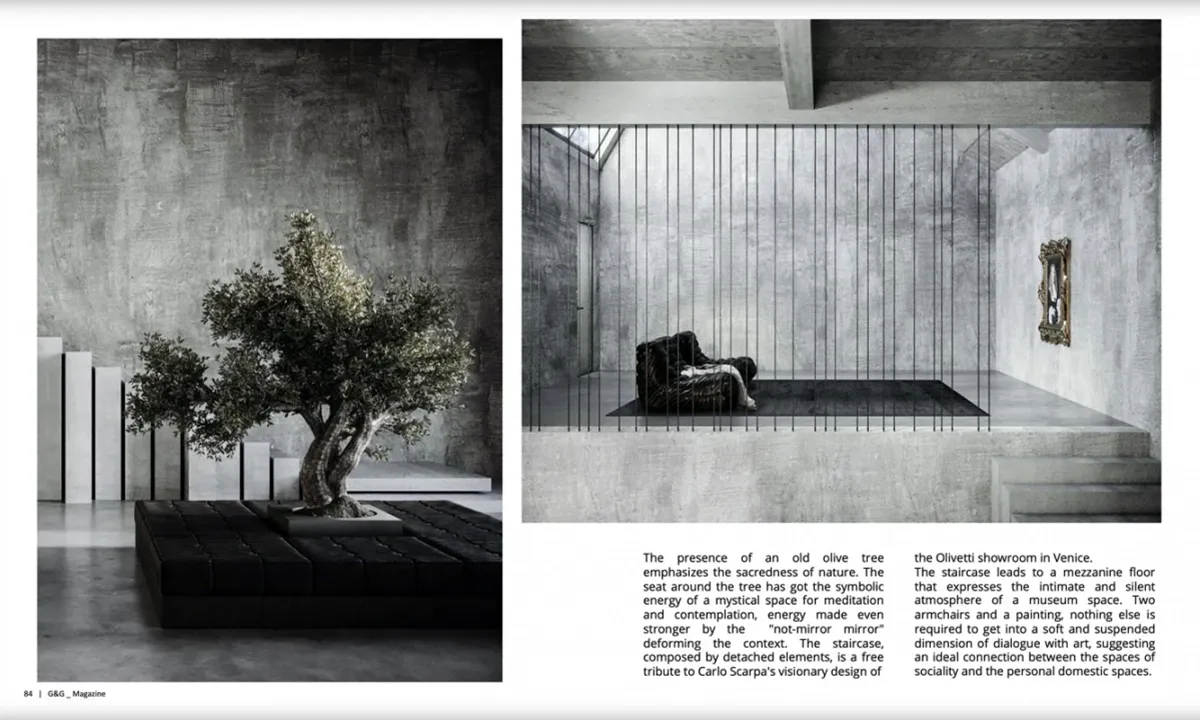 page in G&G Magazine September 2022, concrete staircase and indoor olive tree as a focal point of the industrial loft in London
