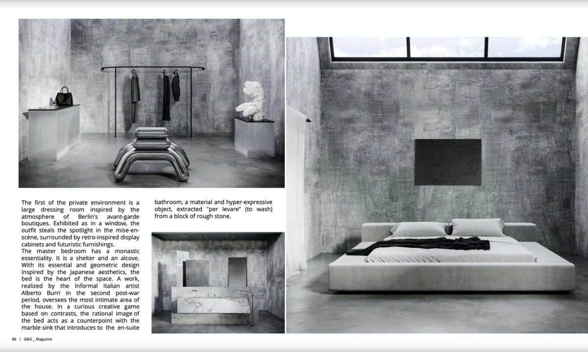 page in G&G Magazine September 2022, bedroom and dressing area of the industrial loft in London with chrome bench and bathroom details