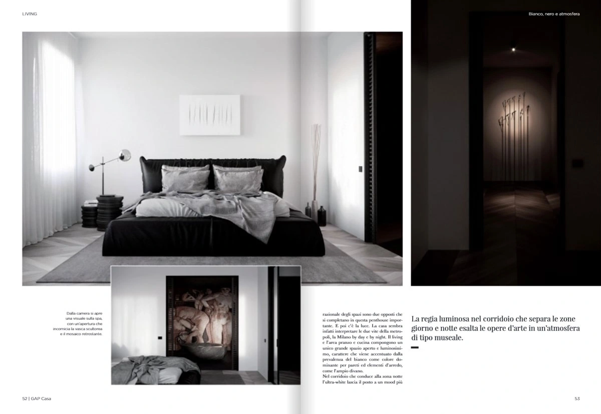 page in GAP Casa May 2022, bedroom and corridor of the Milan penthouse with artworks and soft lighting